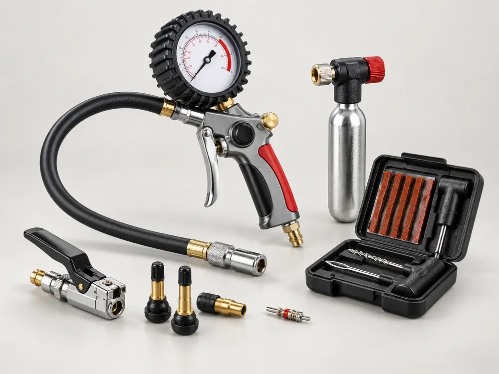 Automotive tire service products including tire inflator, air chucks, valve stems, and repair tools