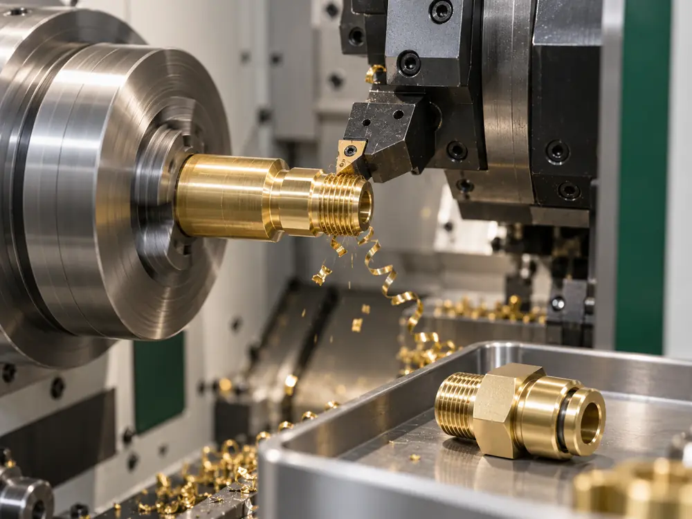 Precision brass fitting being machined on an automatic CNC lathe