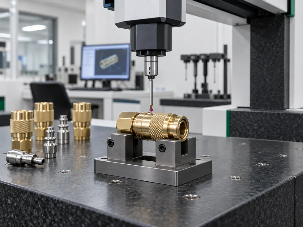 CMM probe inspecting a precision-machined brass pneumatic quick coupler