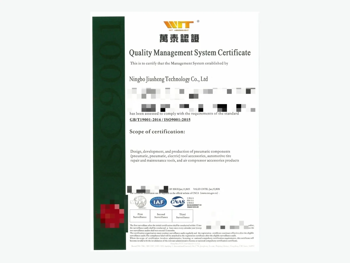 ISO 9001:2015 quality management system certificate for pneumatic components and automotive maintenance tools