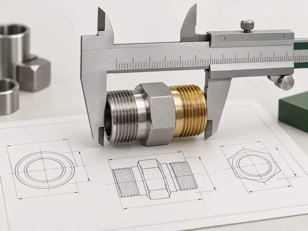 Custom industrial fitting dimensions and interfaces measured with a precision caliper