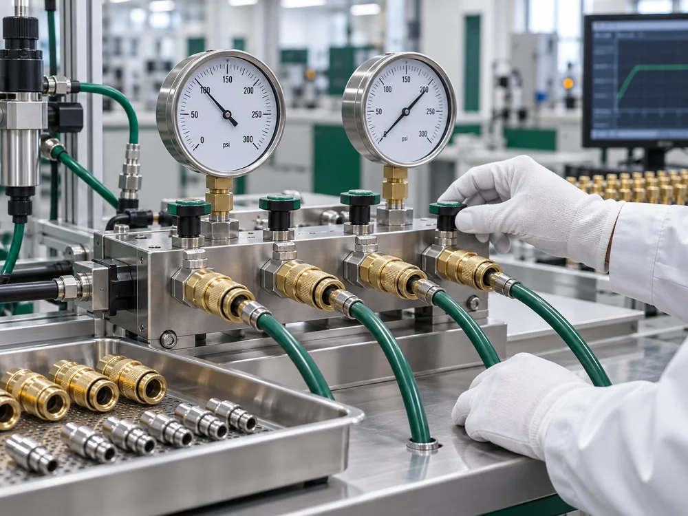 Pressure and leak testing of brass pneumatic quick couplers on an industrial test bench