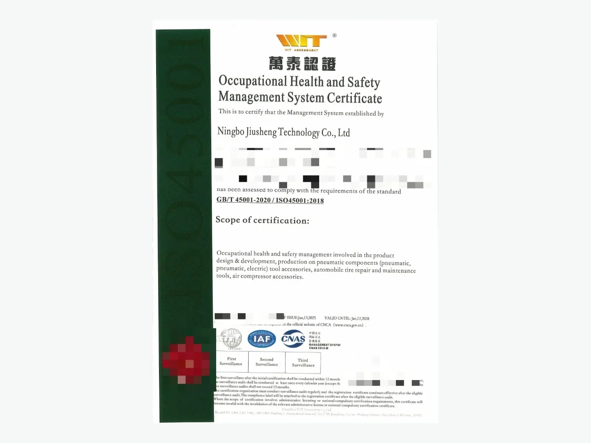 Occupational health and safety management certification supporting controlled manufacturing operations.