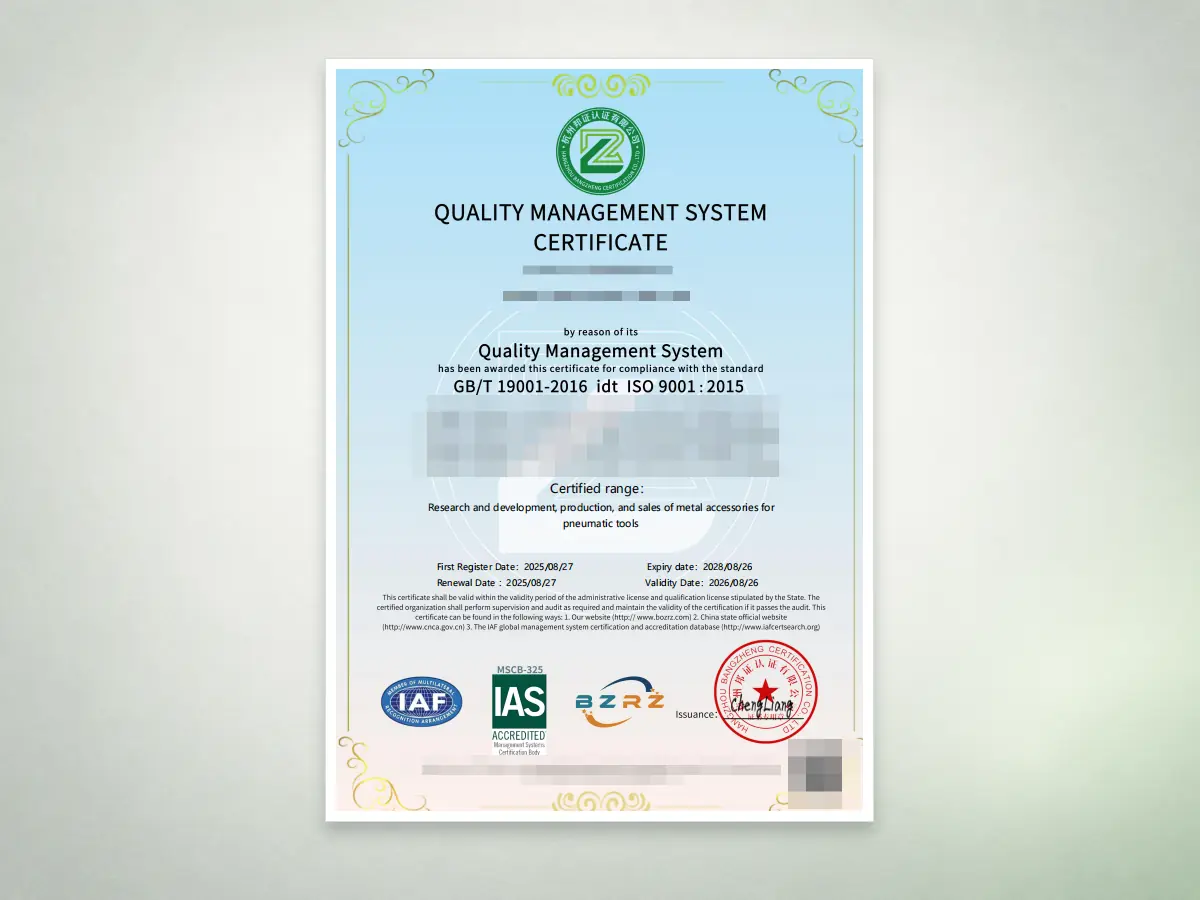 ISO 9001 quality management certificate for pneumatic accessories