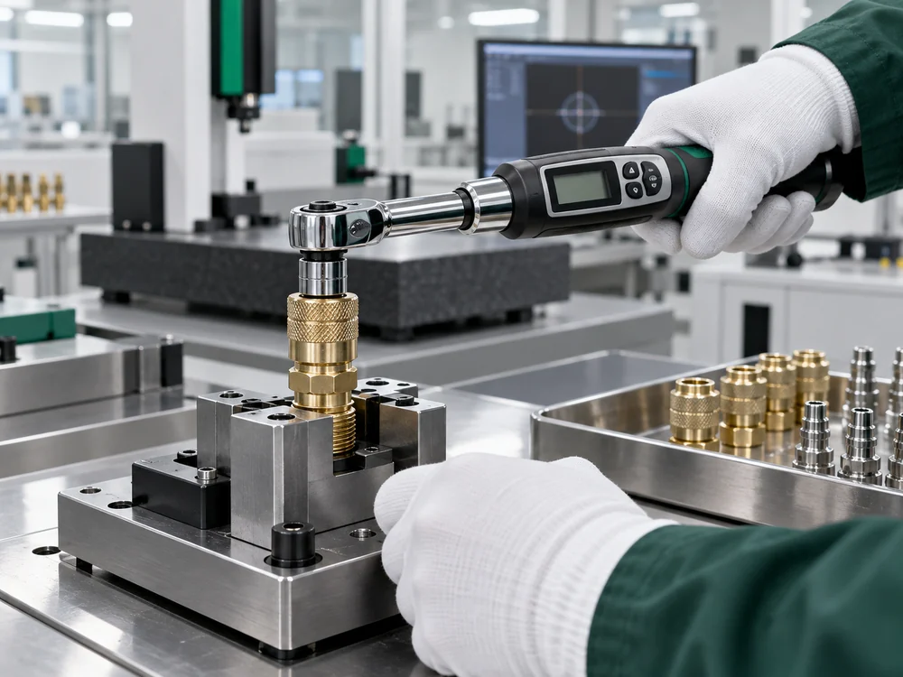 Digital torque testing of a threaded brass pneumatic fitting