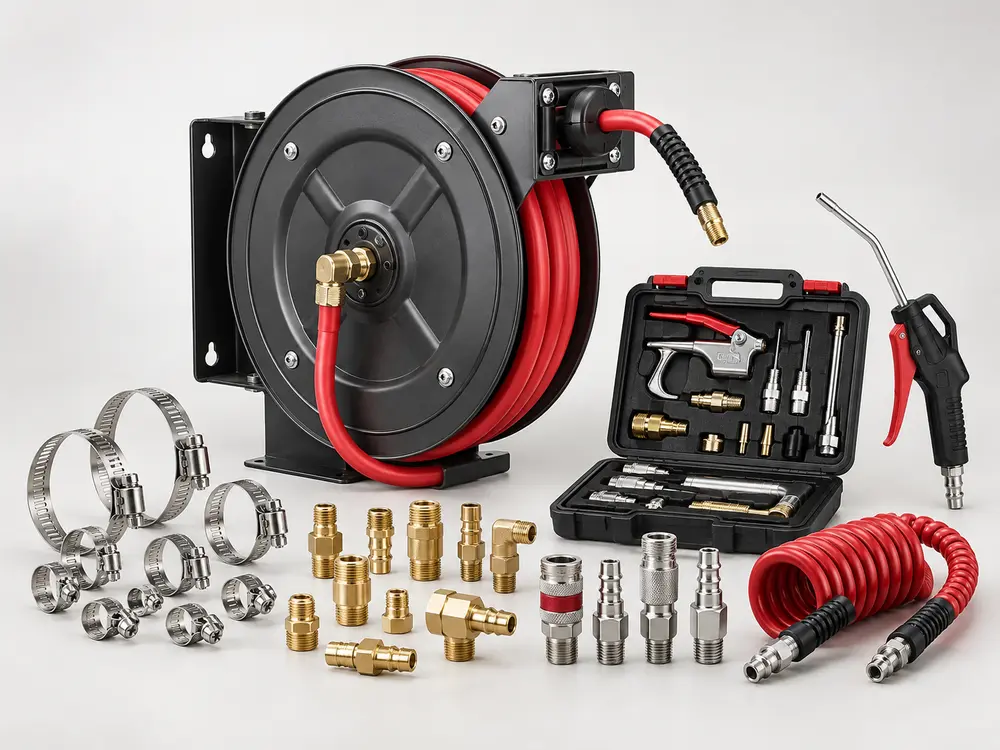 Retractable air hose reel, hose clamps, adapters, and workshop air tool accessories