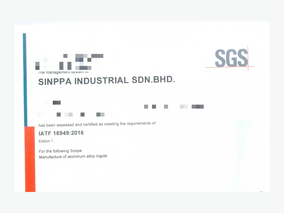 Automotive quality management certification covering the manufacture of aluminum alloy ingots at the Malaysia facility.