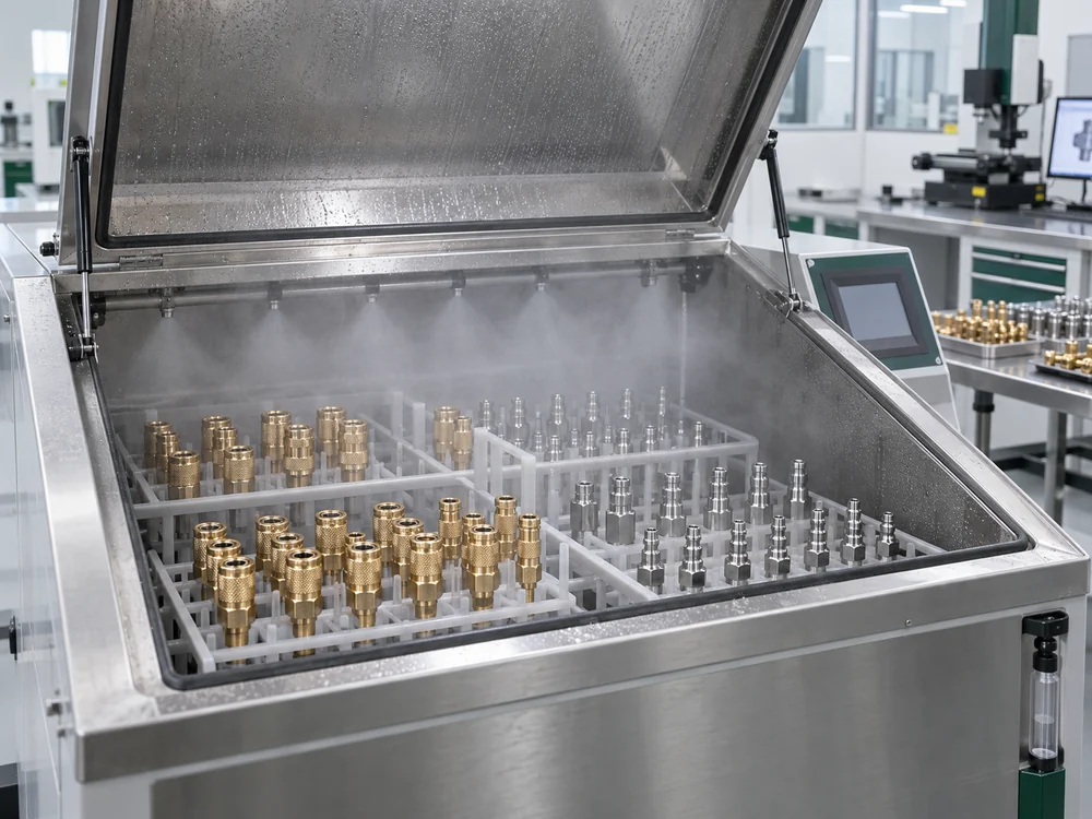 Brass and steel pneumatic couplers undergoing salt spray corrosion testing