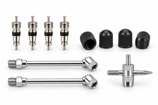 Tire valve cores, valve caps, extensions and valve repair tools
