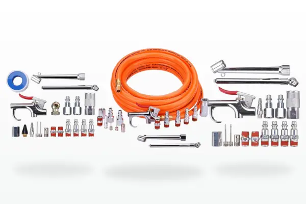 Air compressor accessory kits with blow guns, hoses and fittings