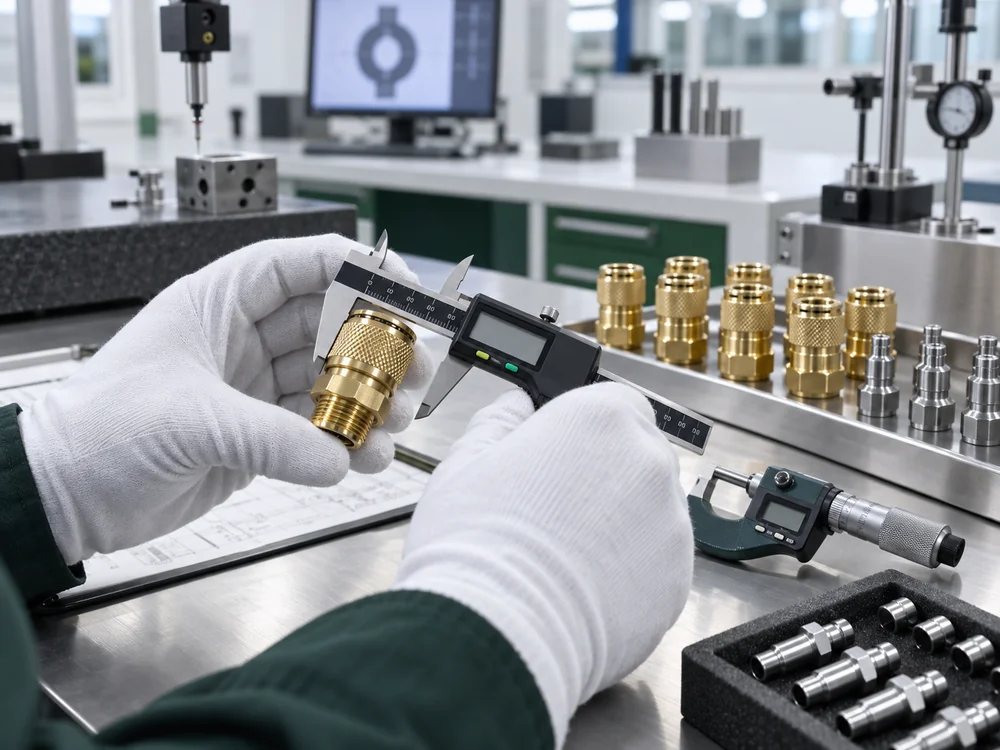 Brass and steel pneumatic couplers undergoing salt spray corrosion testing