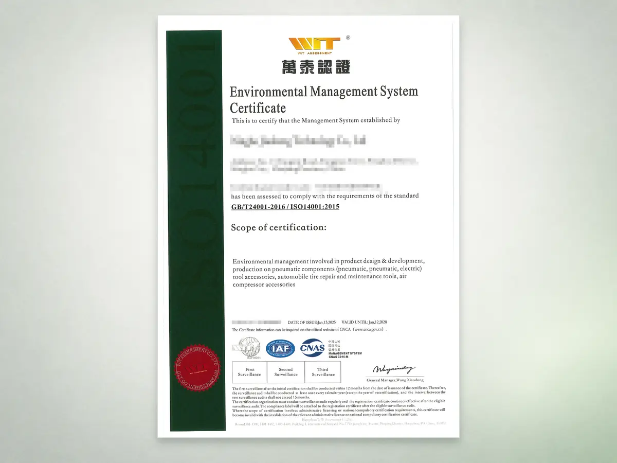 ISO 14001 environmental management system certificate