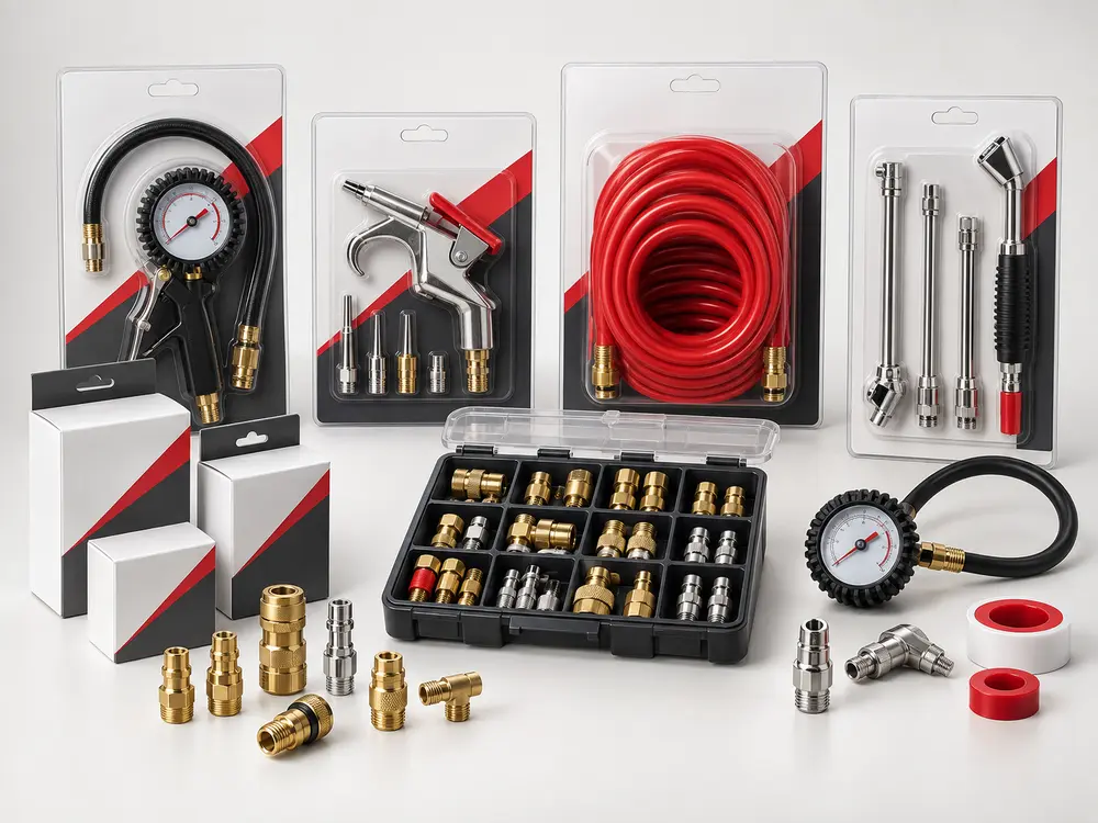 Retail-ready pneumatic and tire service product assortment in custom packaging