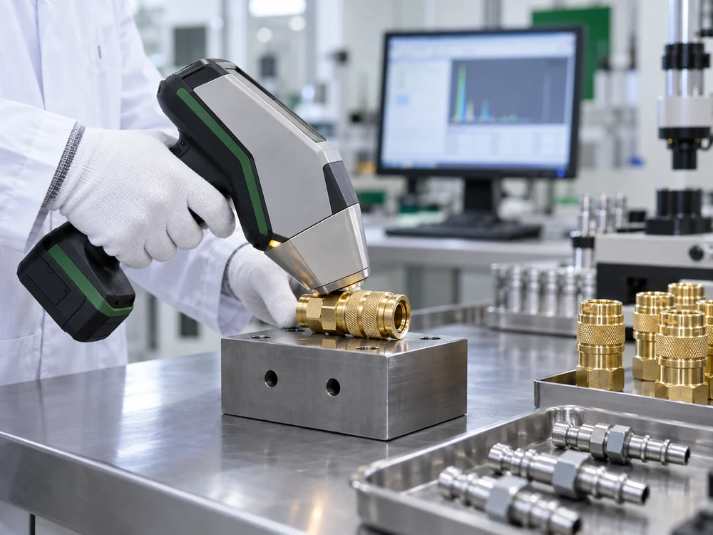 Handheld XRF analyzer verifying the alloy composition of a brass quick coupler