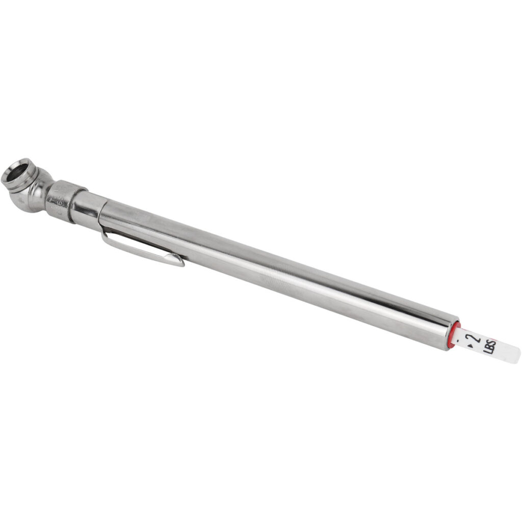 Heavy Duty, Tire Pencil Gauge, 2-20 PSI, Single Head Air Chuck, Brass Tubing, Corrosion Resistant