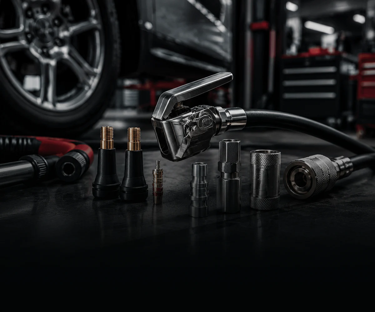 Automotive tire service tools, valve stems and pneumatic air fittings