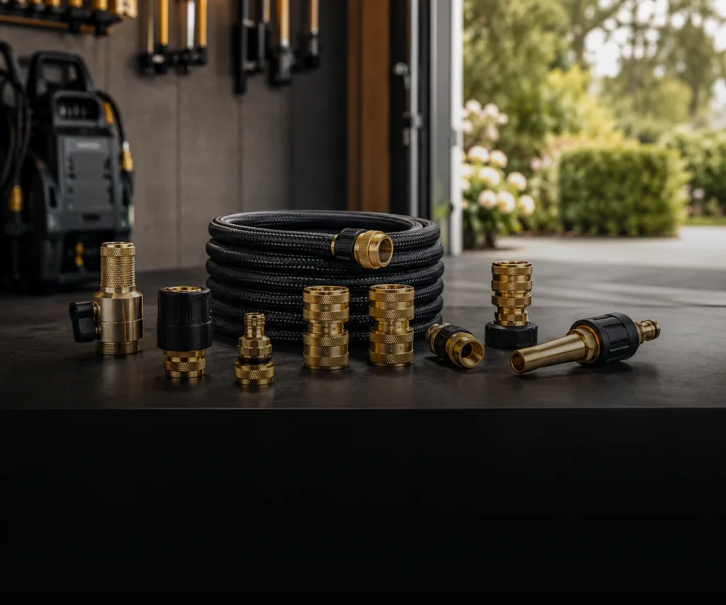 Brass hose connectors and pressure washer accessories for home applications