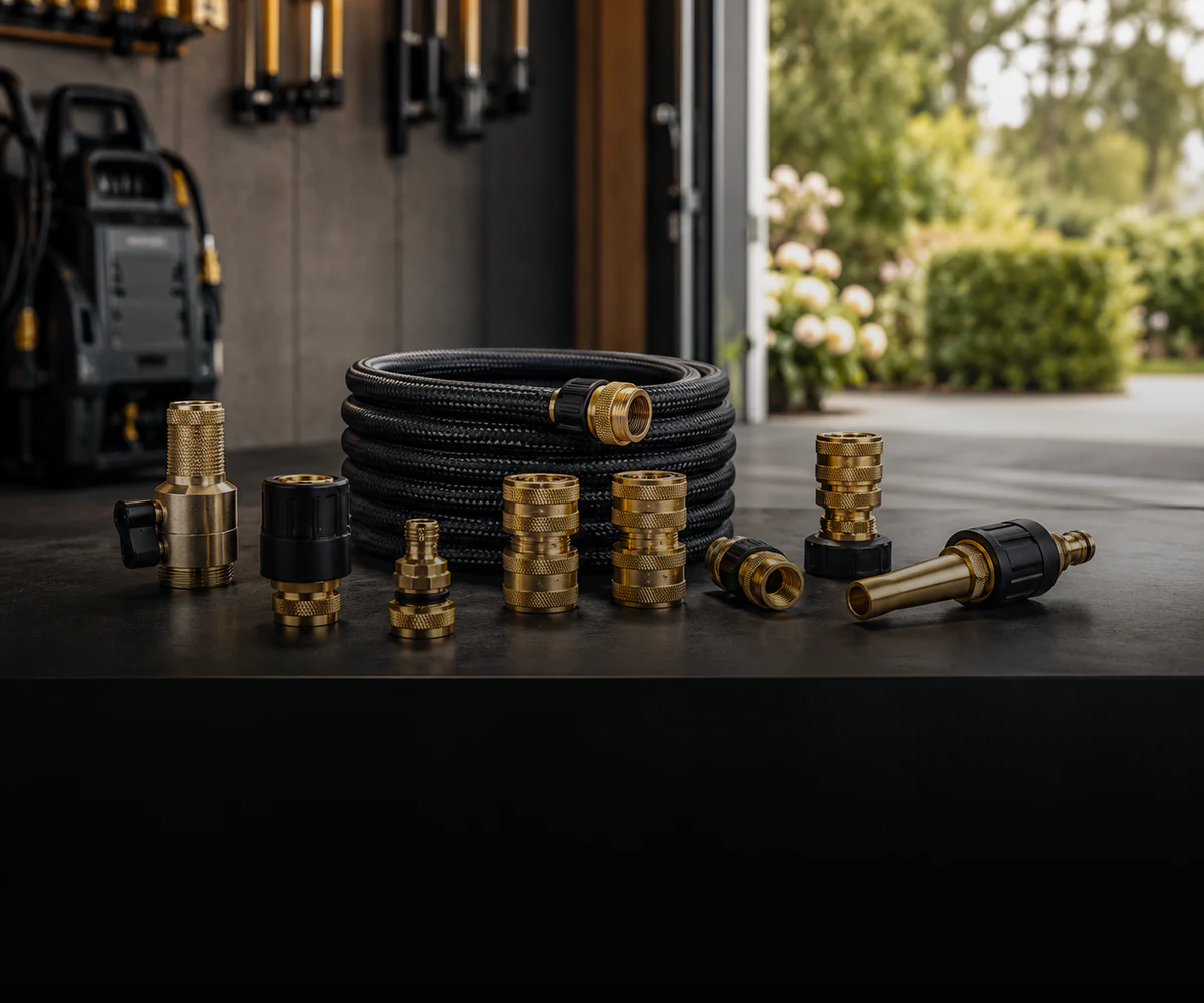 Brass hose connectors and pressure washer accessories for home applications