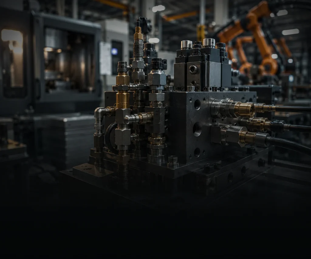 Industrial equipment pneumatic manifold, valves and precision machined fittings