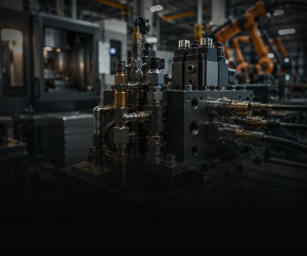 Industrial equipment pneumatic manifold, valves and precision machined fittings