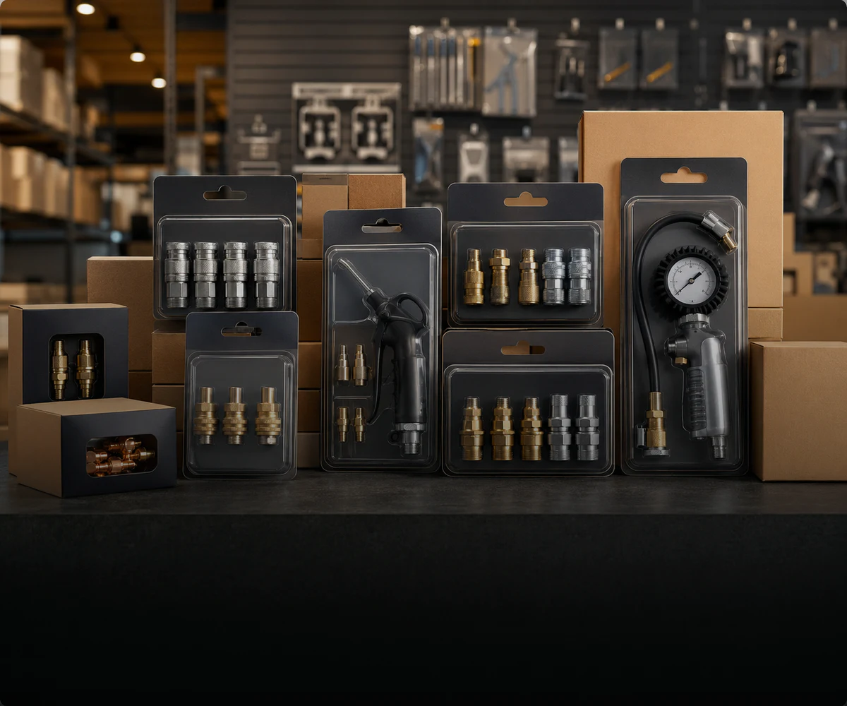 Retail packaging for pneumatic couplers and tire service accessories