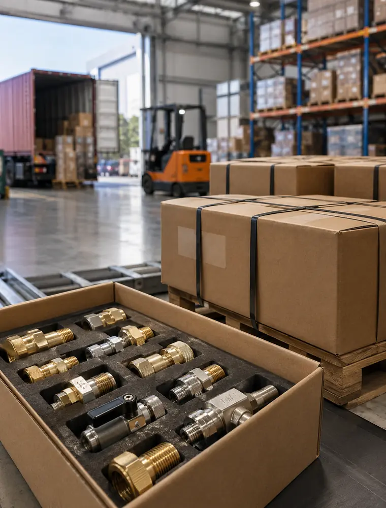 Integrated industrial supply chain with pneumatic components packaging warehouse and global logistics