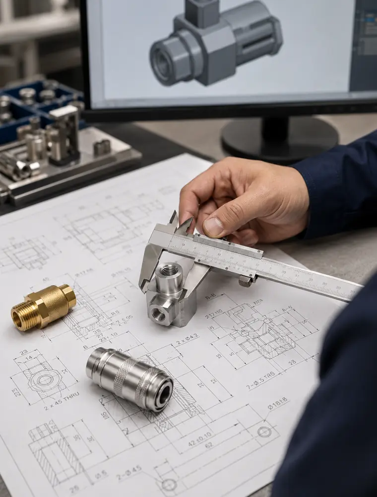 OEM ODM engineering design with pneumatic fitting prototypes CAD drawings and precision measurement