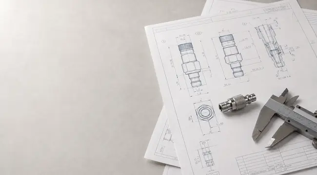Custom pneumatic fitting engineering drawing with precision caliper and machined sample