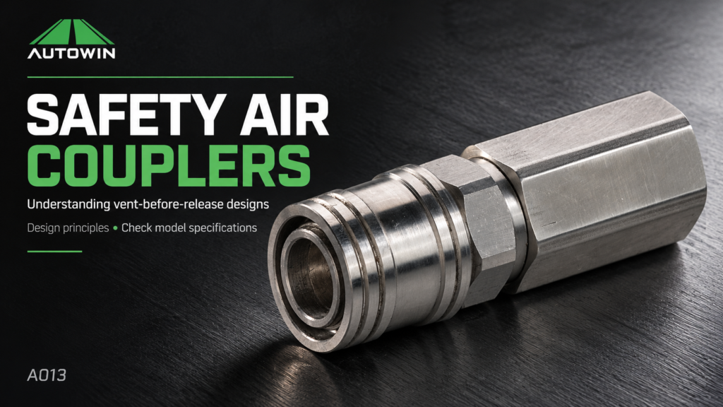 Steel air coupler on a dark background for a guide to vent-before-release designs