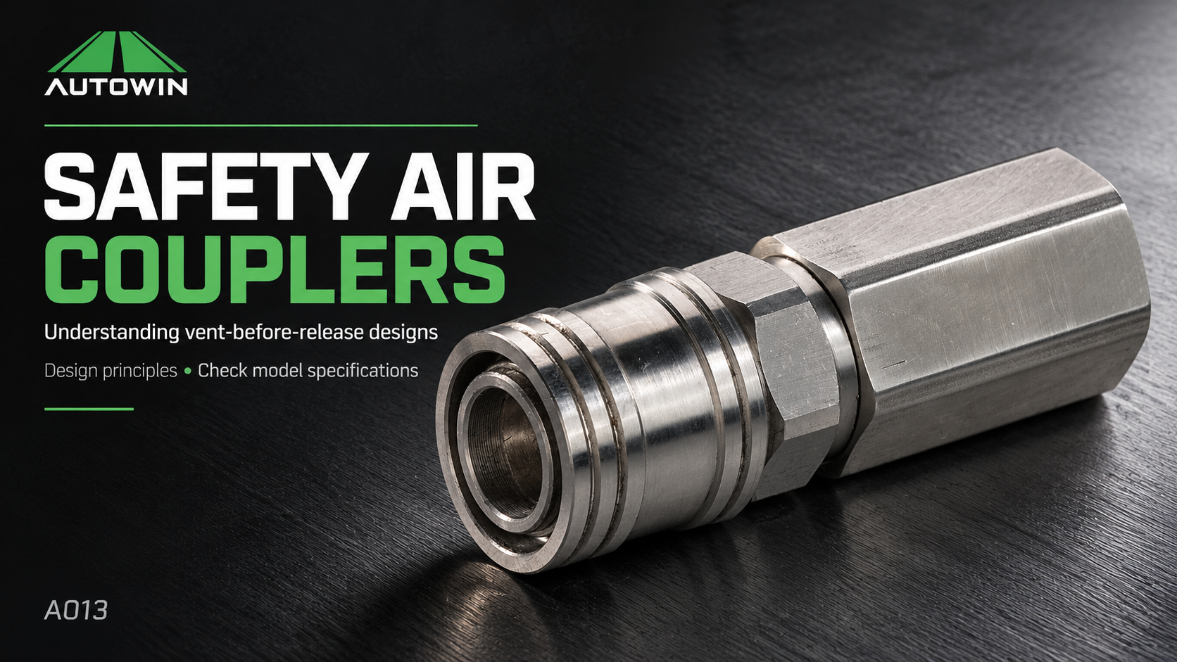Steel air coupler on a dark background for a guide to vent-before-release designs