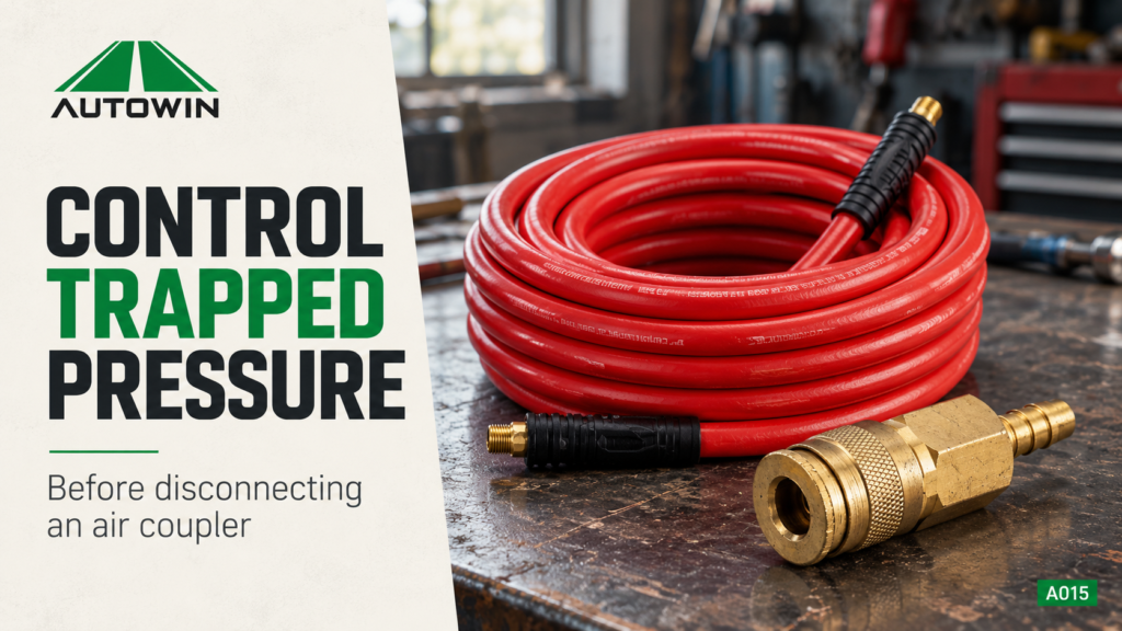 Coiled red air hose and brass coupler on a workbench for a trapped-pressure guide