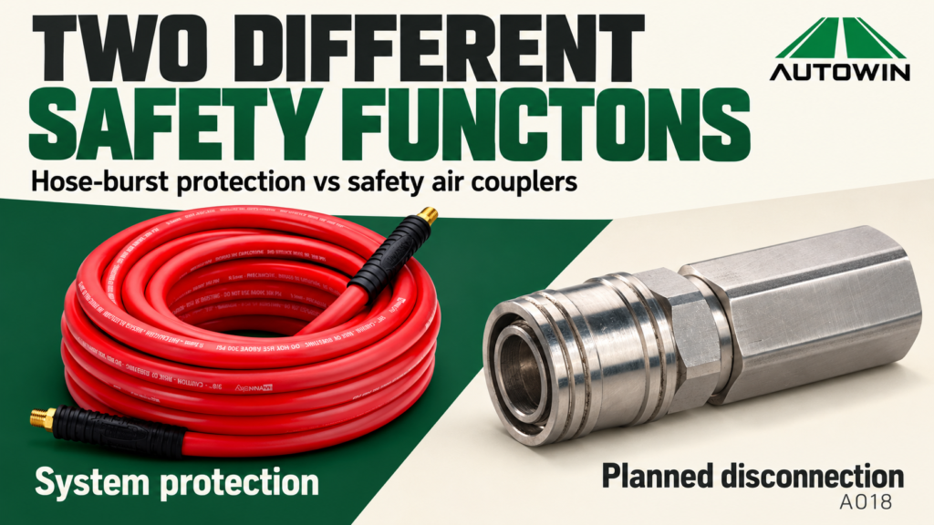 Red air hose and steel coupler illustrating hose protection and planned disconnection