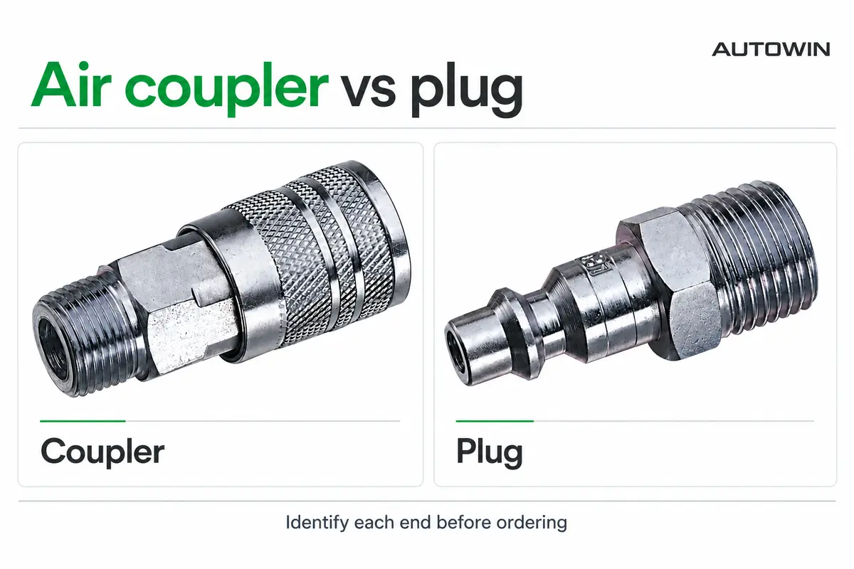 Air coupler and quick-connect plug shown side by side to identify the two connection types