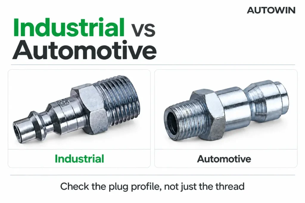 Industrial and automotive air plugs compared side by side to show their different connection profiles