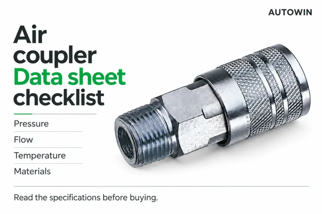 Air coupler with a specification checklist covering pressure, flow, temperature and materials