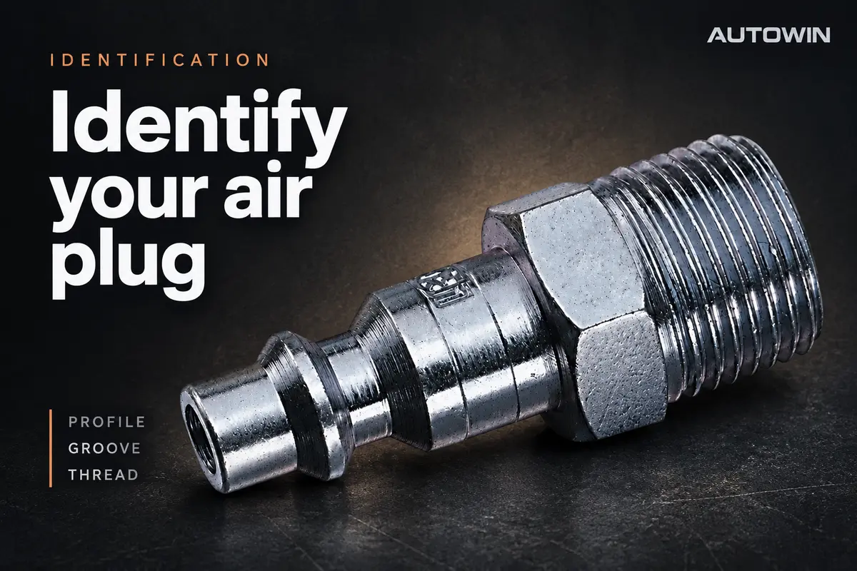 Close-up of an air quick-connect plug showing its nose profile, locking groove and male thread