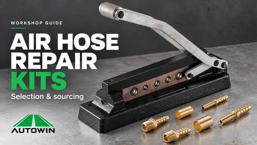 Air hose repair kit selection with a bench crimping tool, brass ferrules and hose repair fittings