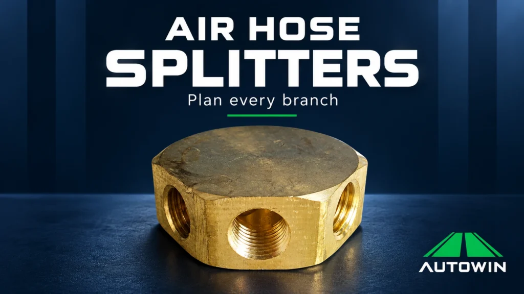 Brass air hose splitter block with three visible threaded branch ports
