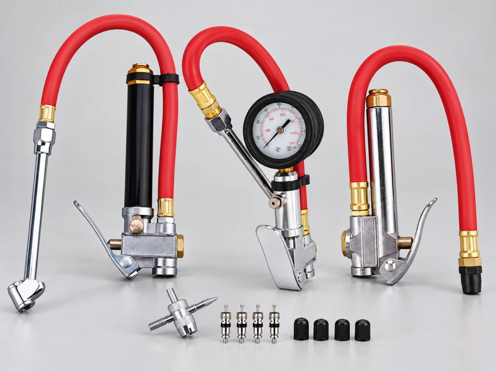 Tire inflators, pressure gauge and valve accessories for tire service