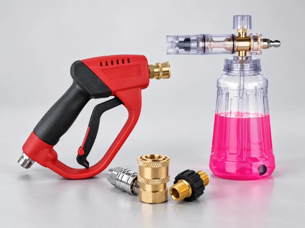 Pressure washer spray gun, snow foam lance and quick-connect fittings